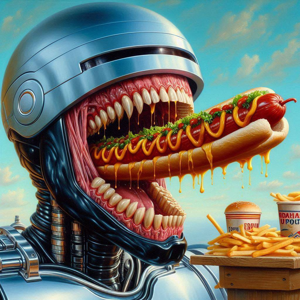 ROBOTIC MOUTH DEVOURING GREASY HUMAN DELIGHTS