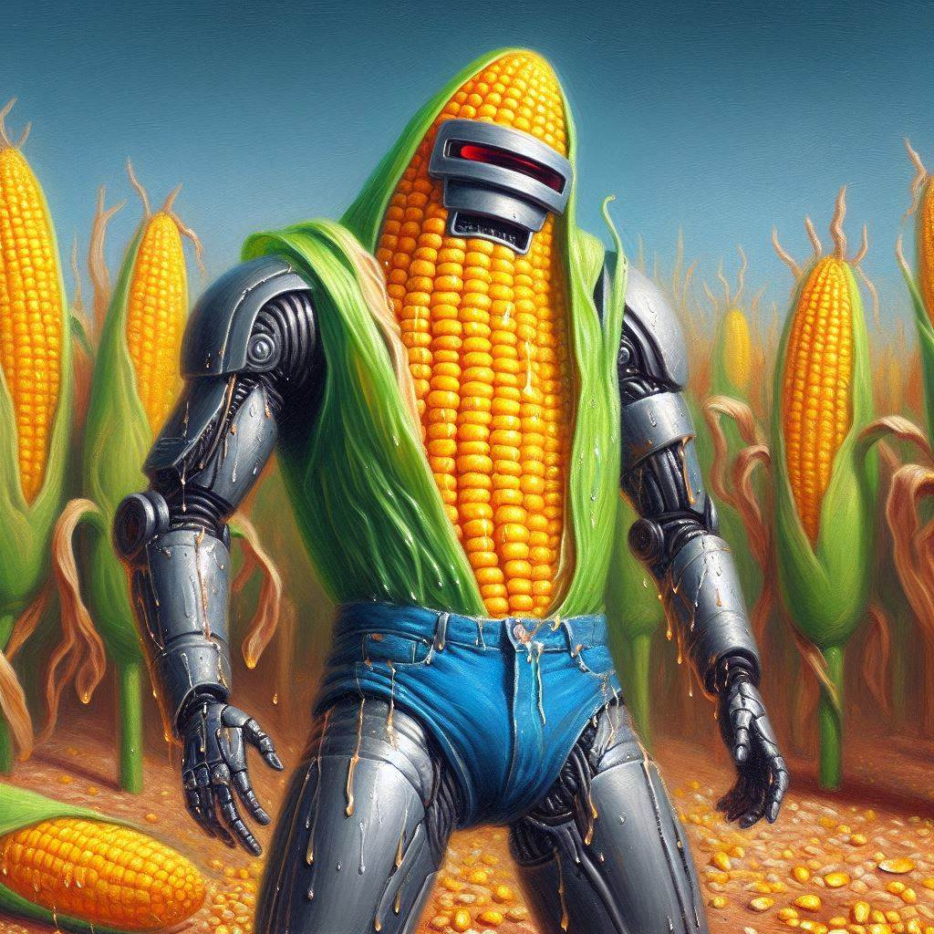 CORN ROBOT SHEDDING SWEAT LIKE A FARMER'S TEARS