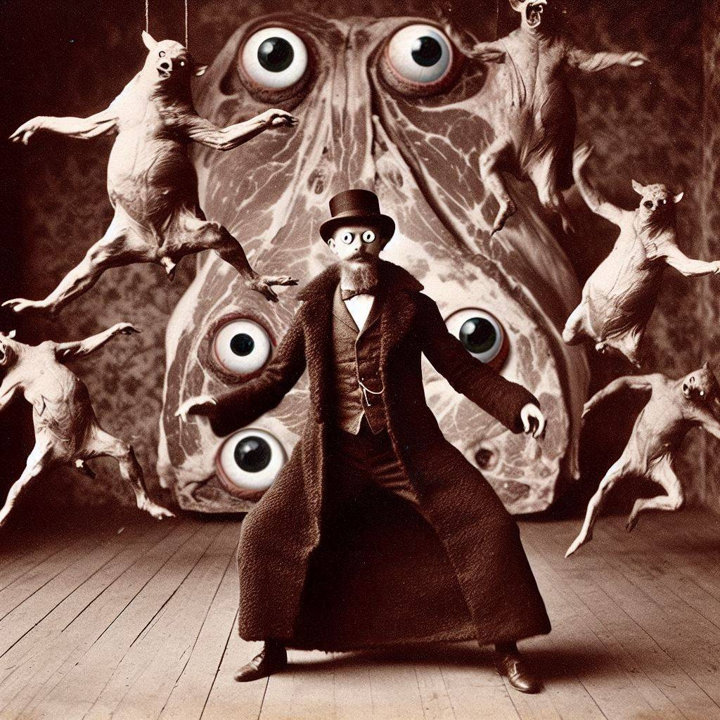 MAN IN A SUIT DANCING WITH MEAT MONSTERS