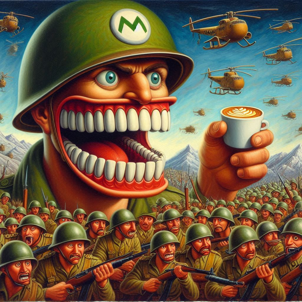 SOLDIER'S MOUTH SHOUTING COFFEE'S WAR CRY