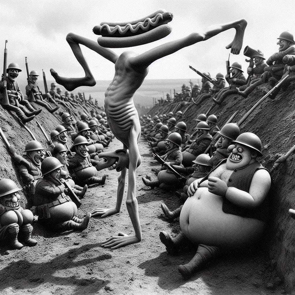 SOLDIERS SHOVELING SHIT INTO A HOTDOG CANNON