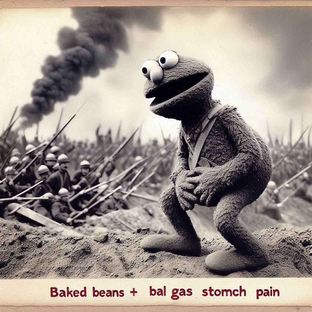 MUPPET IN PAIN FROM BAKED BEANS WAR