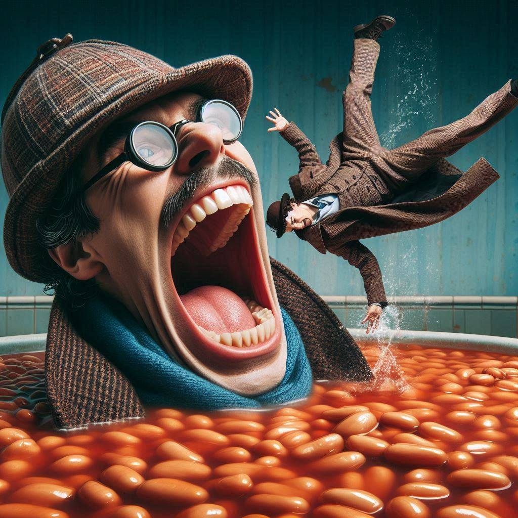 GIANT MOUTH SWALLOWING A MAN IN BEAN SOUP