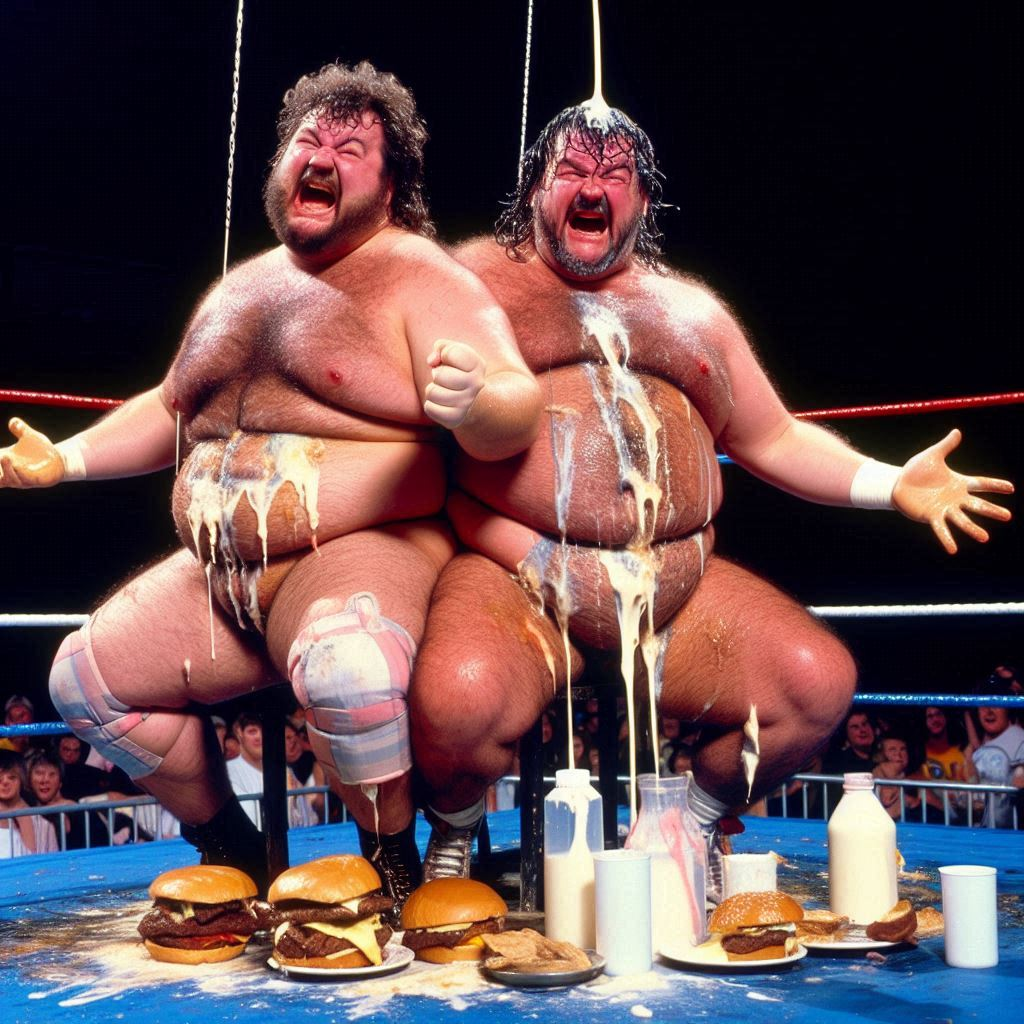 FAT MEN SHITTING BURGERS ON A WRESTLING RING