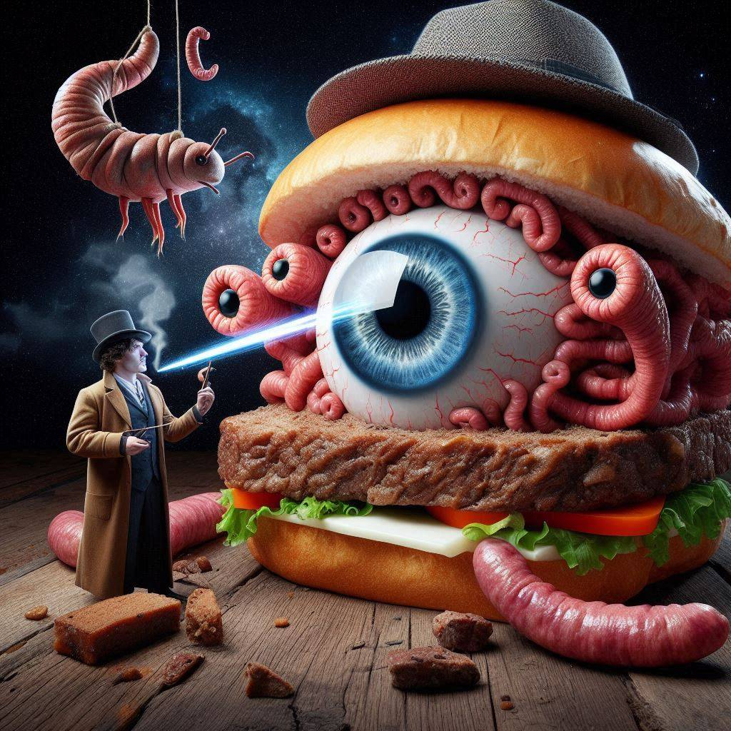 BURGER WITH EYE BALLS AND WORMY NIGHTMARES