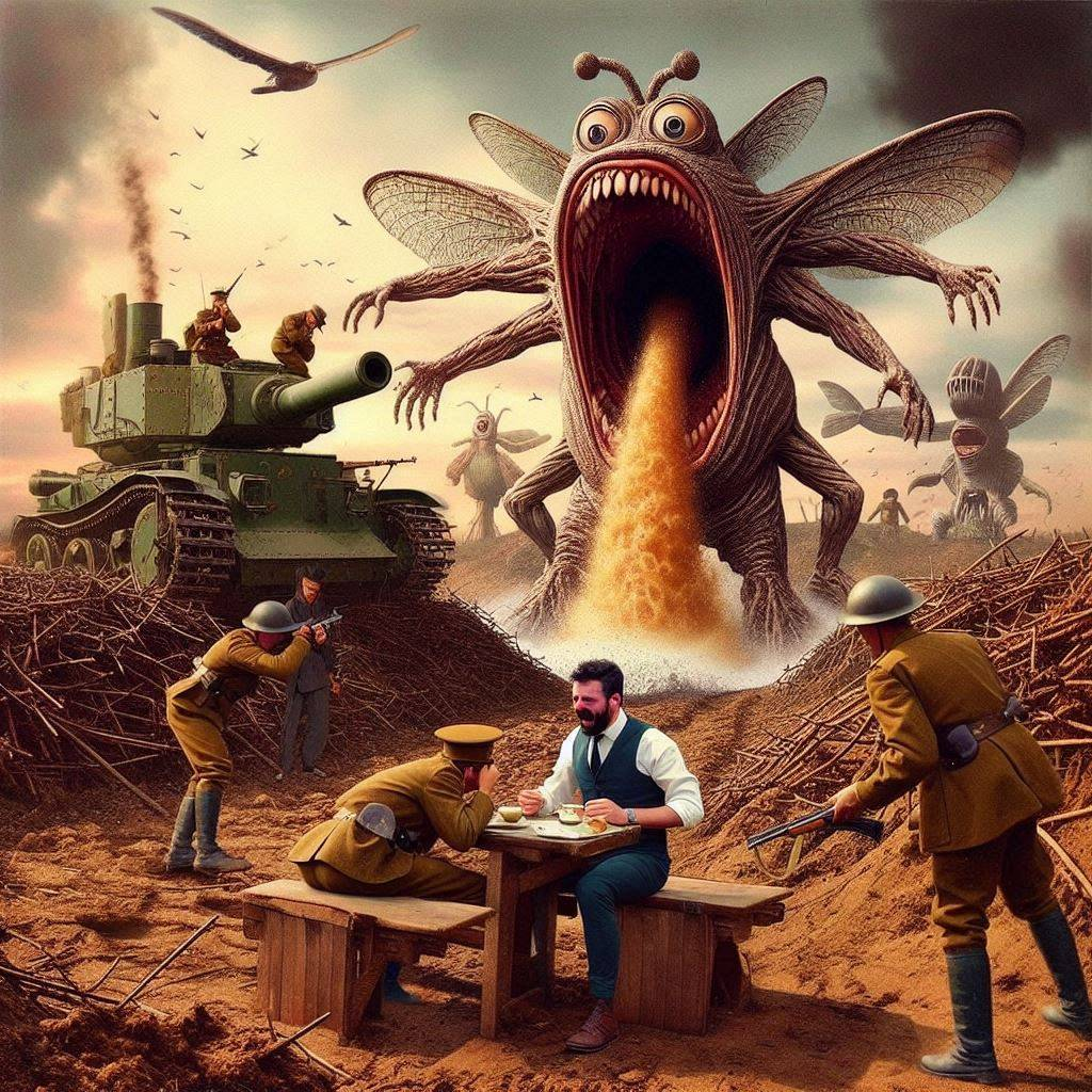 MONSTER VOMITING WAR'S FURY ON DINING MEN