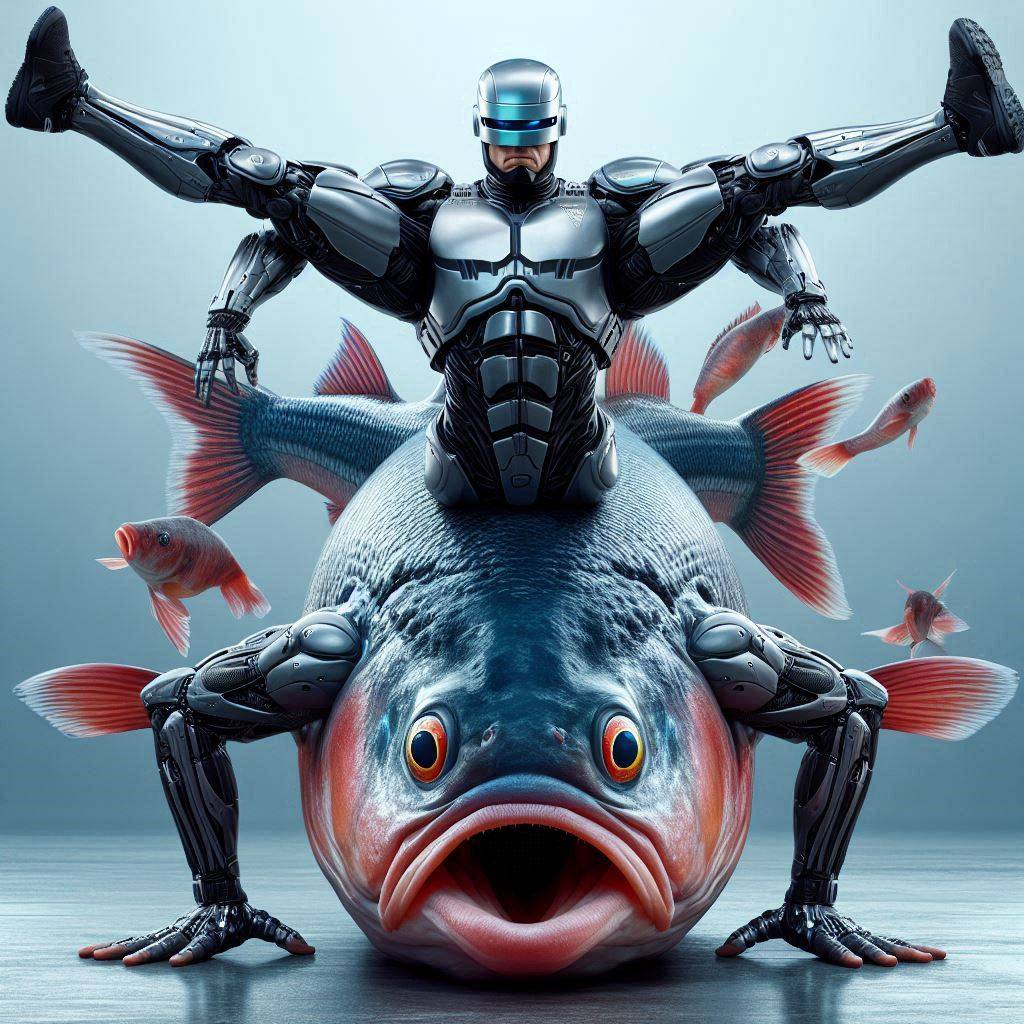ROBOT RIDING A FISH'S GUTS LIKE A BOSS