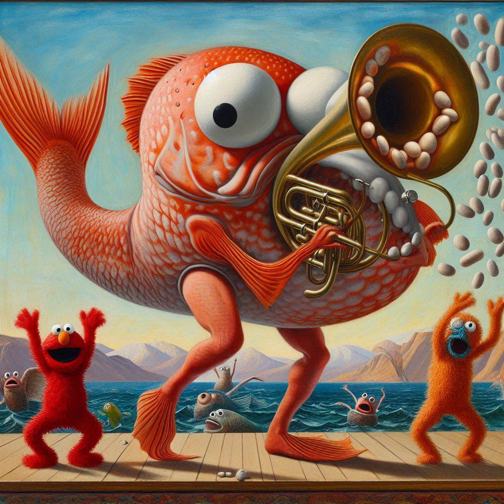 FISH WITH A TUBA SHITTING OUT BEANS