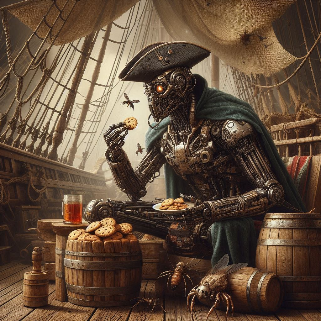 ROBOT PIRATE GOBBLING COOKIES LIKE A GLUTTONOUS BEAST