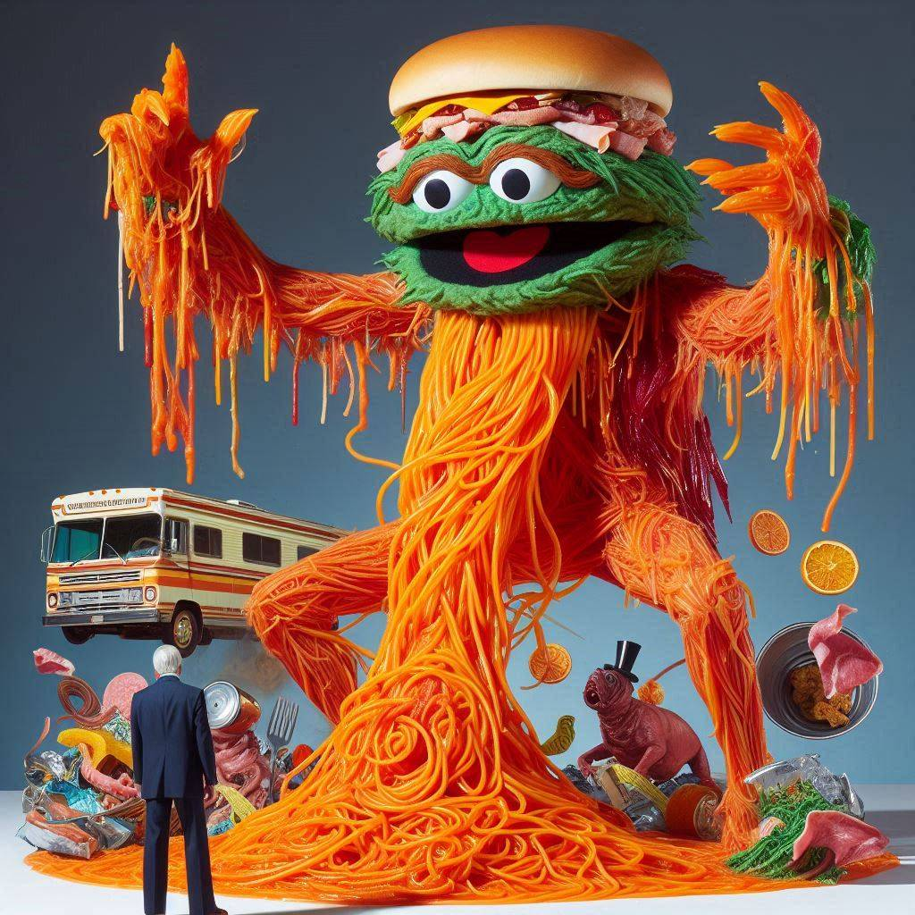 PASTA MONSTER SPITTING OUT GARBAGE AND CHAOS