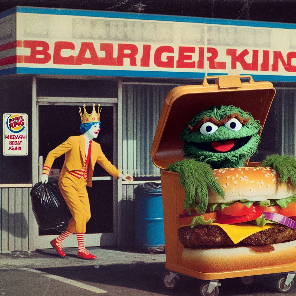 CLOWNS SHOVING GARBAGE INTO BURGER BOXES