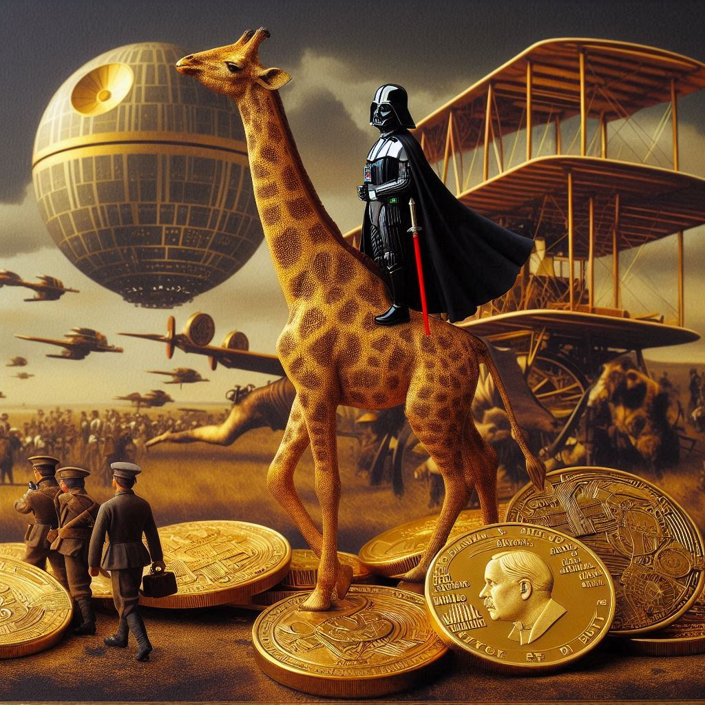 GIRAFFE RIDING DARKNESS ON A GOLDEN COIN MOUNTAIN
