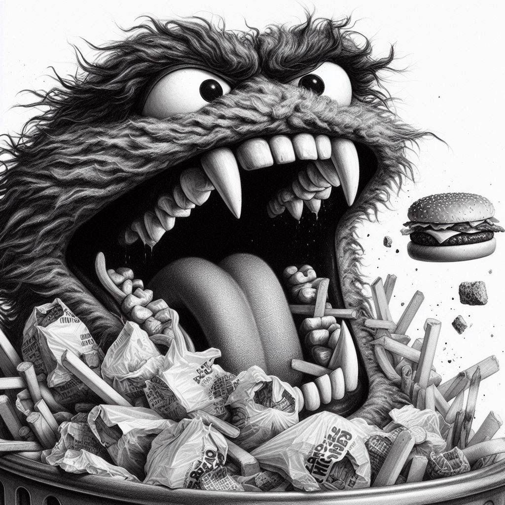 MONSTER GORGING ON GARBAGE AND GREASE