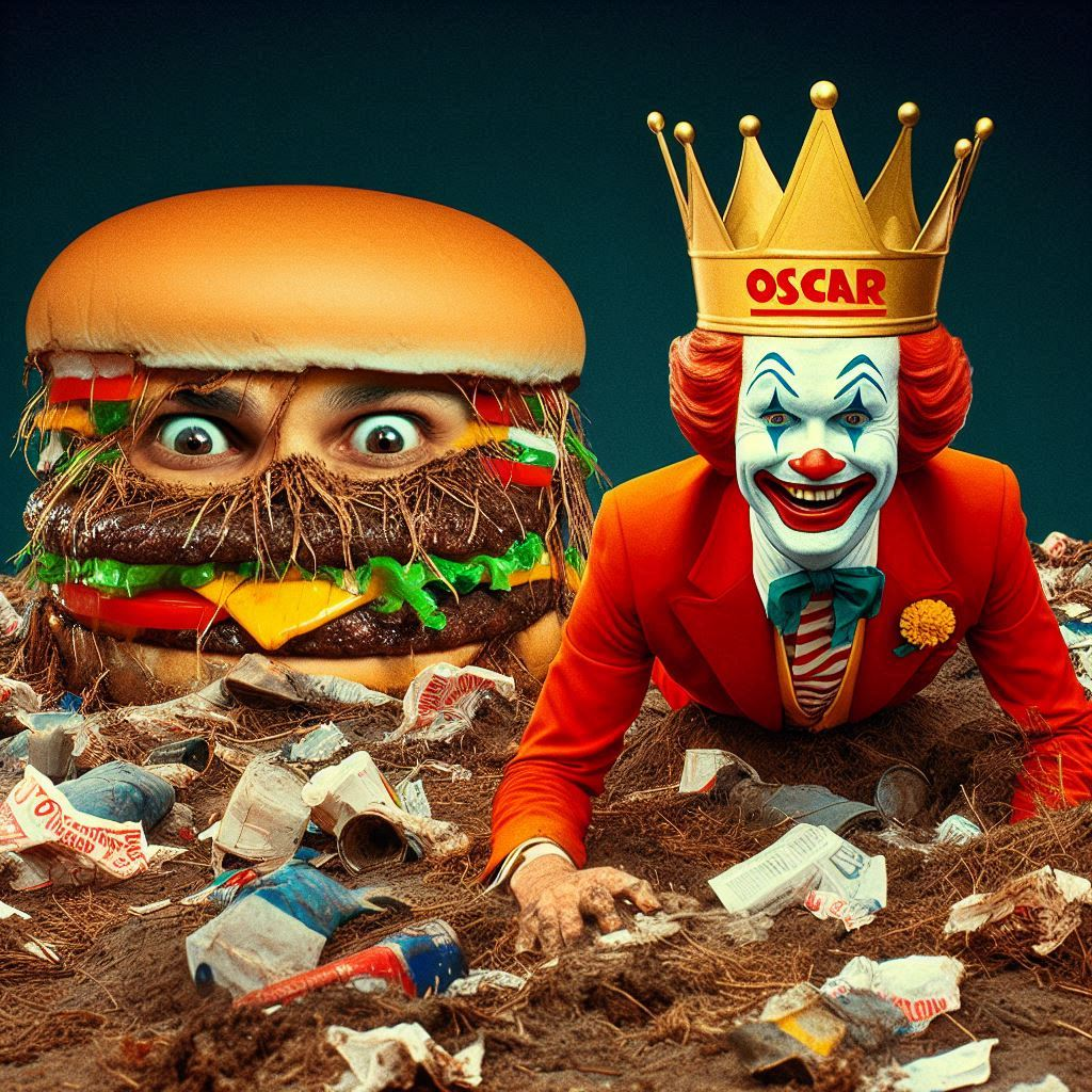 BURGER WITH A FACE IN A TRASH CARNIVAL