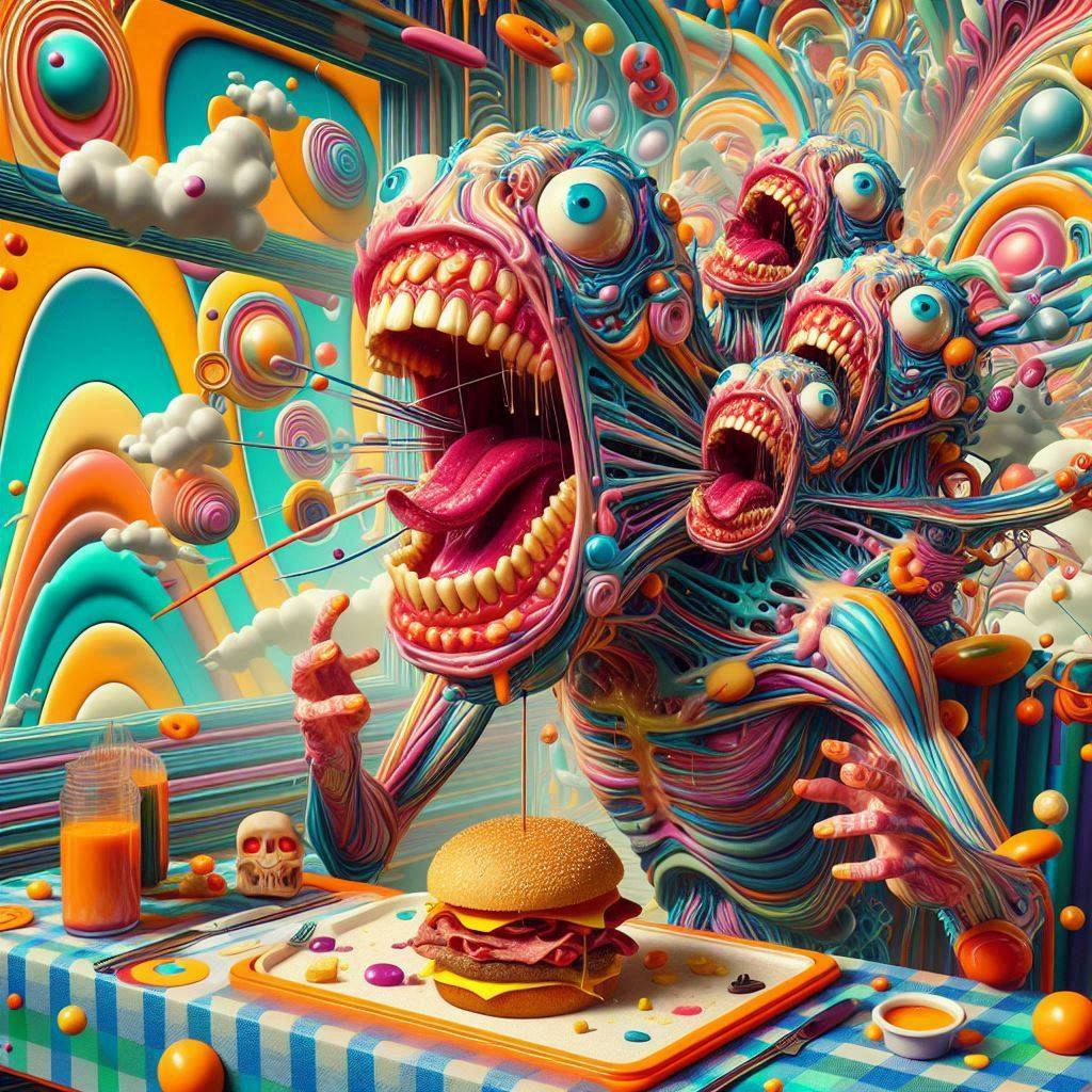 MONSTERS GOBBLING GOOEY BURGERS WITH GLEEFUL FURY