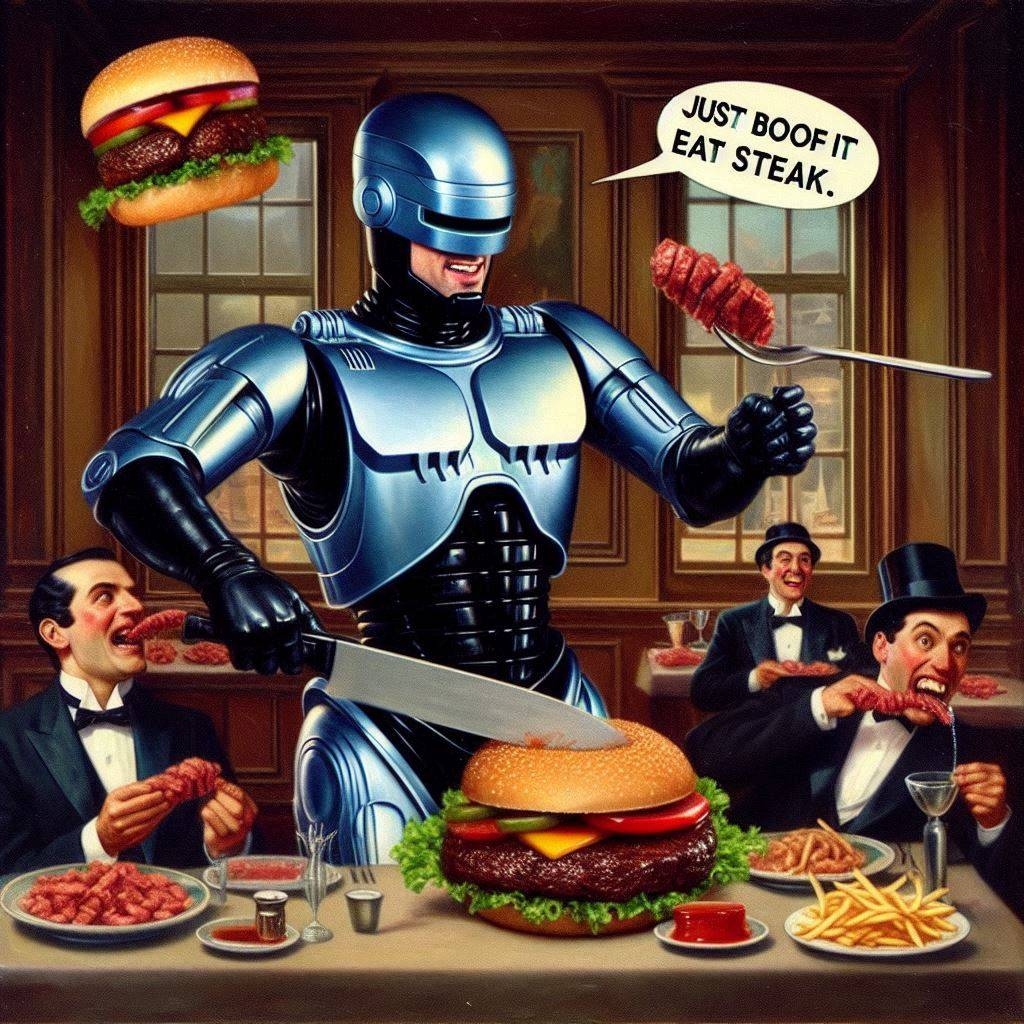 ROBOT CHEF SERVING MEAT WITH A SIDE OF CHAOS