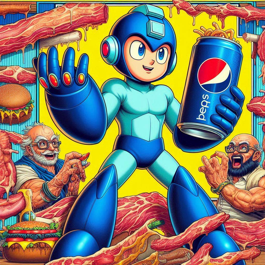 ROBOT CHUGGING SODA IN A MEAT LANDSCAPE