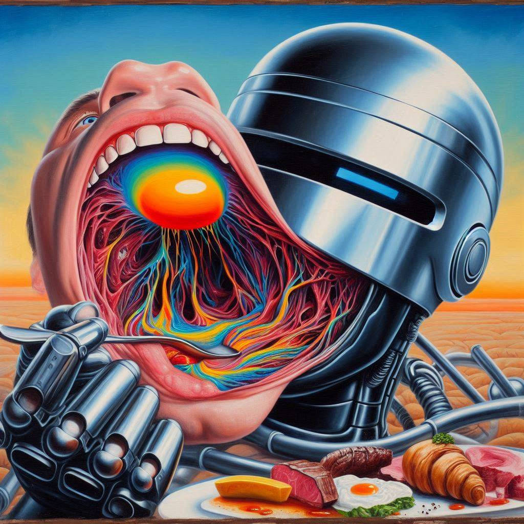 ROBOTIC MOUTH FEEDING HUMANITY'S GUTS TO ITSELF