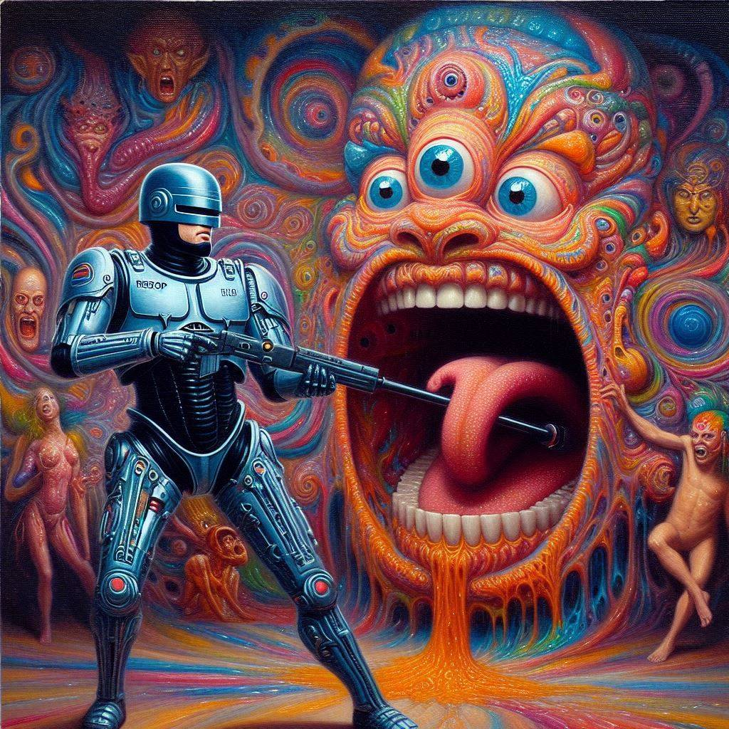 ROBOT BLASTING GOO FROM A MONSTER'S MOUTH