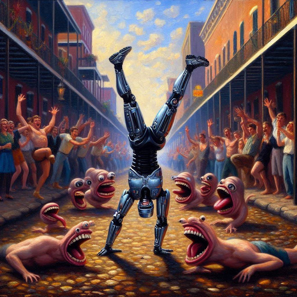 ROBOT DANCING ON HUMAN FLESH PAVEMENT