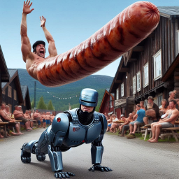 ROBOT CRAWLING UNDER A SAUSAGE RAIN
