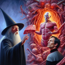 WIZARD HANDING MEAT TO MUSCLE MONSTER