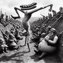 SOLDIERS SHOVELING SHIT INTO A HOTDOG CANNON