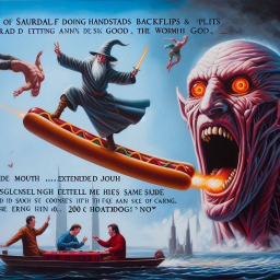 WIZARD RIDING A HOTDOG INTO HELL'S MOUTH