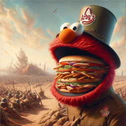 ELMO'S MOUTH SPITTING OUT SANDWICHES OF WAR
