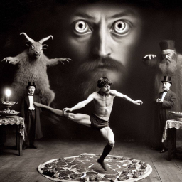 MAN DANCING ON MEAT WITH DEMONS WATCHING