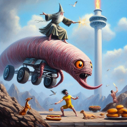 WIZARD RIDING A WORM ON WHEELS OF CHAOS