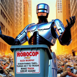 ROBOT SHOVING GARBAGE DOWN HUMAN THROATS