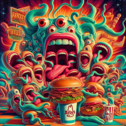 MONSTERS EATING BURGERS WITH GUSTO