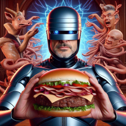 CYBORG CRADLING A MEATY ABOMINATION