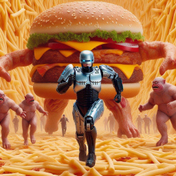 ROBOT RUNNING FROM A BURGER'S GREASY EMBRACE