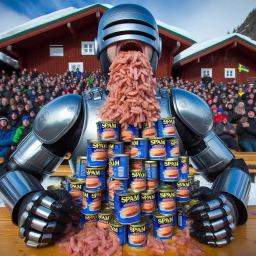 ROBOT VOMITING CANNED MEAT INTO A FRENZY
