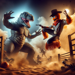DINOSAURS AND PUPPETS IN A GUNFIGHT OF CHAOS
